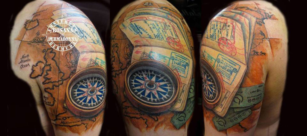 Colour Realism Compass Tattoo