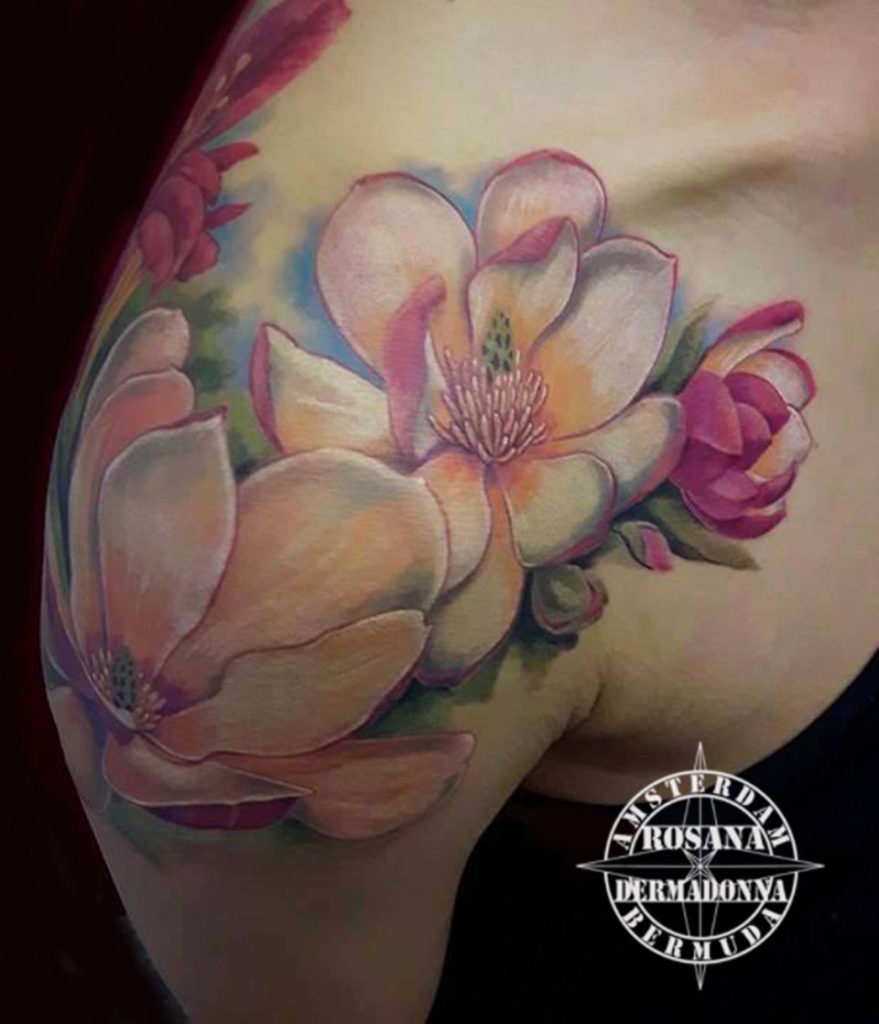 Magnolia Flowers Feminine Colour Realism Tattoo