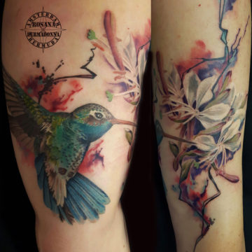 Colour Realism Humming Bird and flowers Tattoo