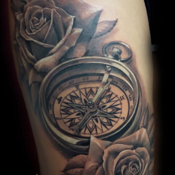 Black and Grey Realism Tattoo, Rose Tattoo, Compass Tattoo