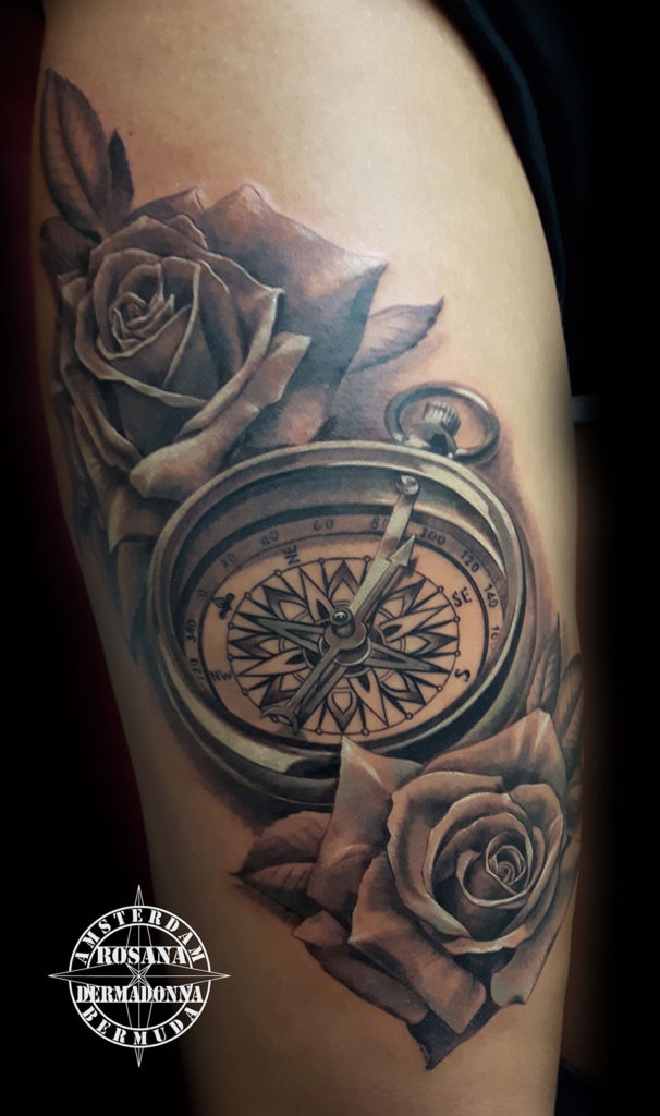 Black and Grey Realism Tattoo, Rose Tattoo, Compass Tattoo