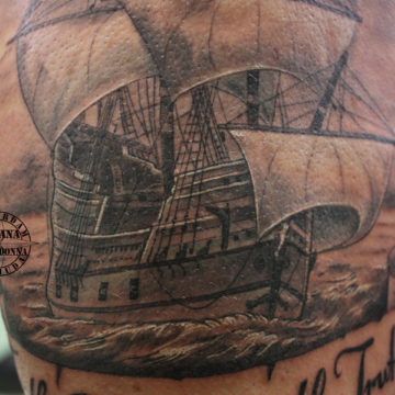 Sailing Ship Tattoo, Black And Grey Realism Tattoo, Realistic Tattoo, Sailing Ship Tattoo, Rosana Tattoo