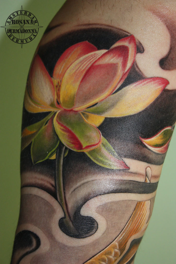 Lotus Flower Tattoo, Japanese Wave Tattoo, Colour Tattoo