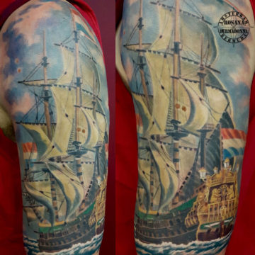 Dutch Sailing Ship Tattoo, Colour Realism Tattoo, Colour Tattoo, Amsterdam Tattoo, Boat Tattoo