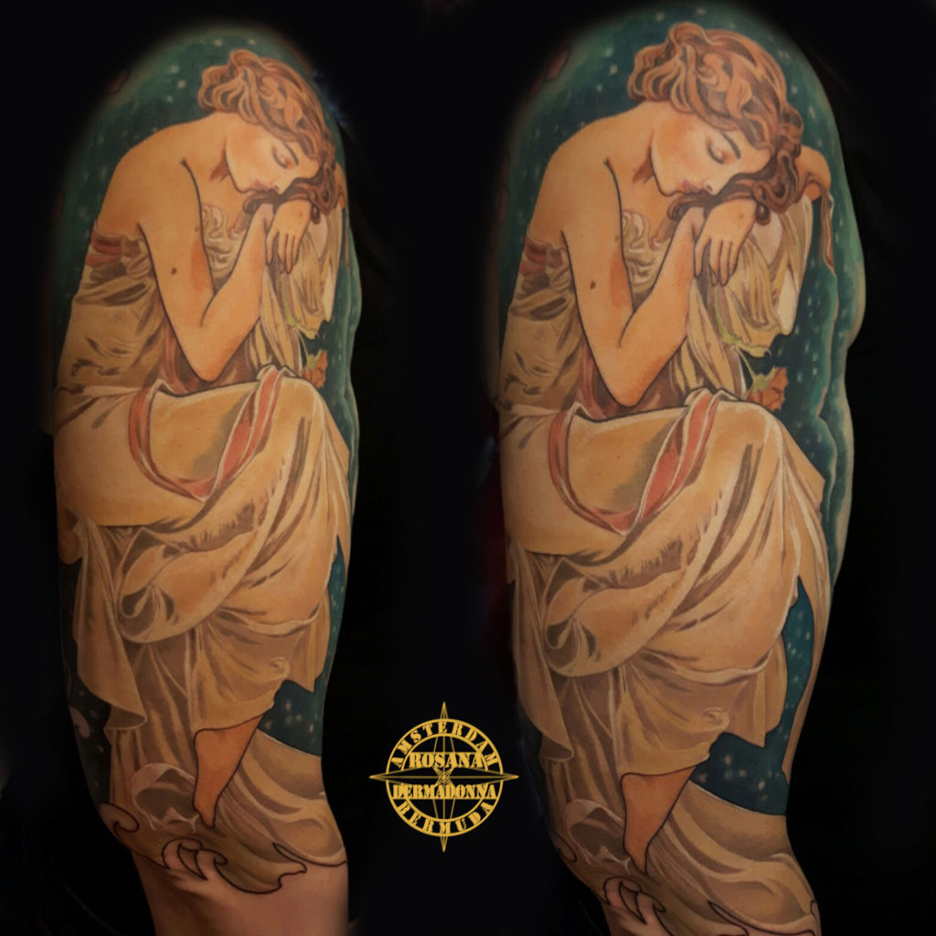 The Night after Alfons Mucha, Colour Realism Tattoo, Colour Tattoo, Rosana Tattoo