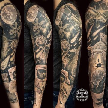 Black And Grey Realism Tattoo, Realistic Tattoo, Sleeve Tattoo, Space Tattoo